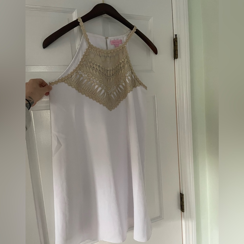 Lilly Pulitzer shift dress with gold detailing!